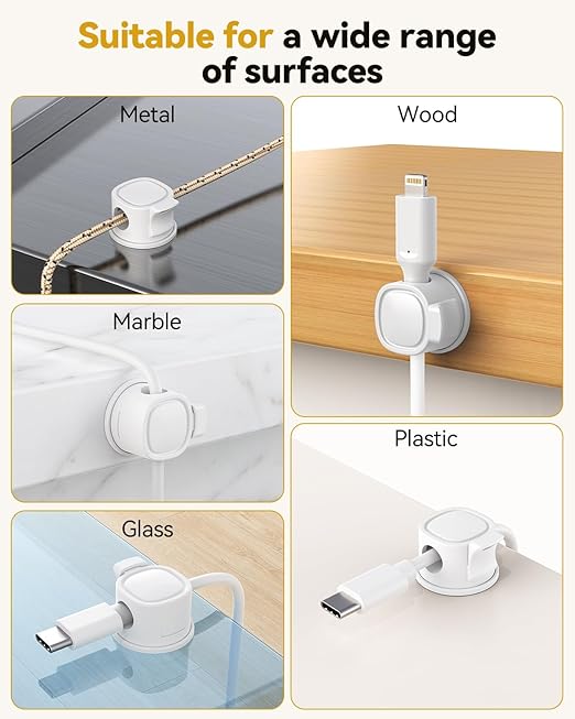 6Pack Rotatable Cord Organizer, INCHOR Cable Organizer, Spring Cable Clips With Clasp Lock, Smooth Adjustable Cord Holder for Nightstand Car Home Office (White)