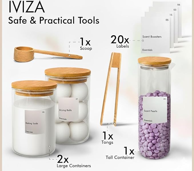 IVIZA Glass Laundry Detergent Dispenser & Storage Set – Liquid Detergent Pump, Fabric Softener Dispenser, Laundry Powder Jar & Dryer Sheet Holder – Complete Laundry Organization Set