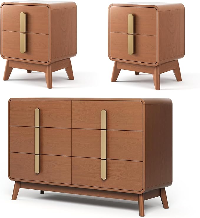 Mid Century Modern Bedroom Set, 6 Drawer Dresser and Nightstand Sets for Bedroom, Night Stand Set 2 & 6 Drawer Dresser with Gold Handles, Wood Chest of Drawers Storage Cabinet Set, Cherry