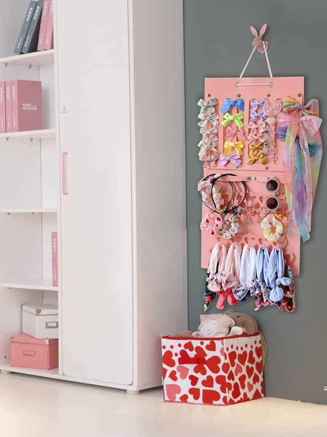 Hanging Jewelry Organizer for Girls Storage Holder Display Board Felt Wall with Detachable hooks Headband Holder Hair Clips Hair Ties Earrings Necklace Hair Clips Home Decor Pink
