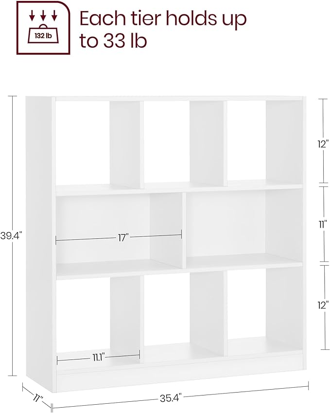 VASAGLE Bookcase, Bookshelf, Freestanding Storage Unit, 8 Open Compartments, Used Horizontally, Vertically, Upside Down, 11 x 35.4 x 39.4 Inches, for Living Room, Study, Office, Cloud White ULBC55WT