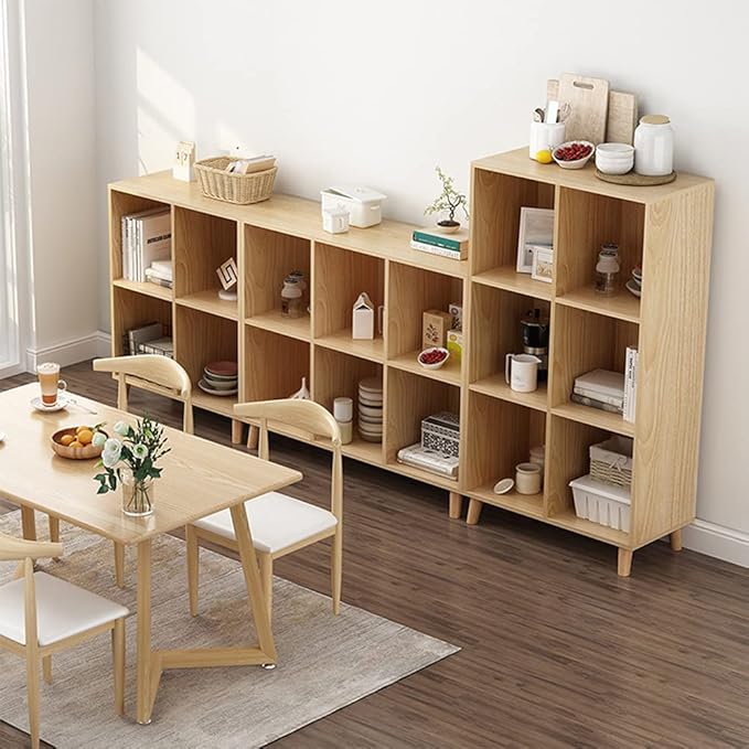 IOTXY Freestanding Open Cubes Bookcase - 2-Tier Floor Standing Wooden Storage Display Cabinet Organizer with Legs for Home Office, 4-Cubes Open Shelf Low Short Bookshelf, Oak