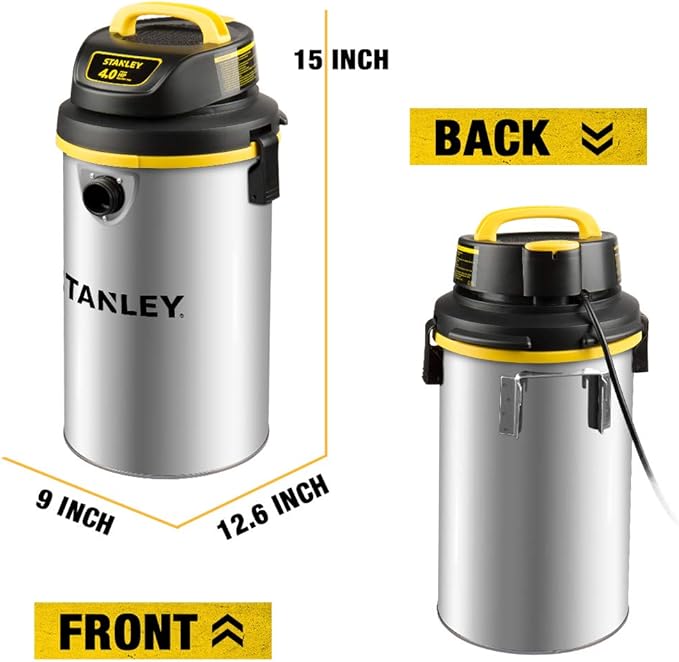 STANLEY Wet/Dry Vacuum SL18133，4.5 Gallon 4 Horsepower Wall-Mounted Hanging Vacuum with 26 Cleaning Range Stainless Steel Tank, Home/Garage/Upholster/Laundry Rooms Vacuum