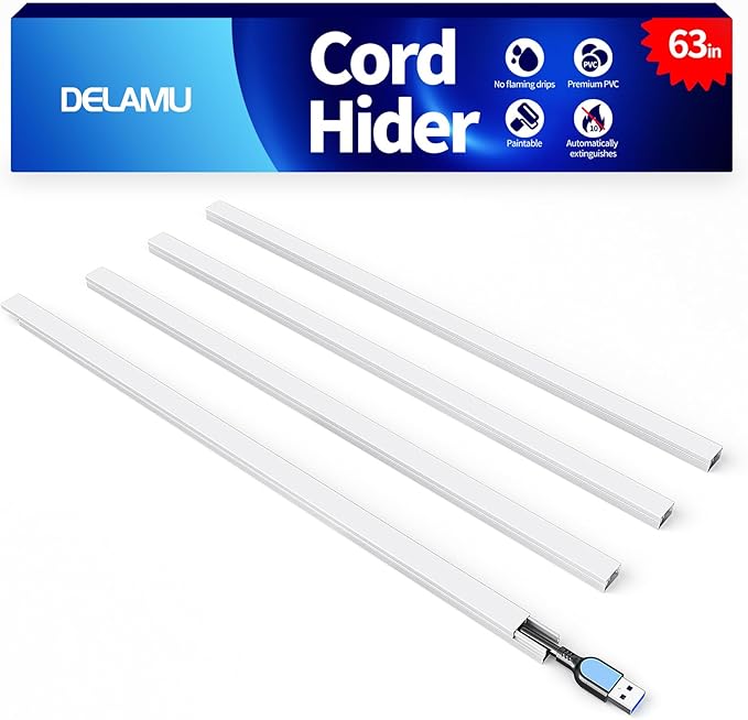 Delamu Cord Hider Wall, 63in Cord Covers for 1 Wire on Wall, Premium Cable Hider Wire Covers for Cords, Self-Adhesive Cable Cover Management, Easy Set-up Wires Hiders for TV, W0.55 H0.4in, White