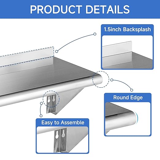 ROCKPOINT Stainless Steel Shelf 18 x 30 Inches 320lb, NSF Metal Commercial Shelves Wall Mount Floating Shelving with Backsplash for Restaurant, Kitchen, Home and Hotel, Silver