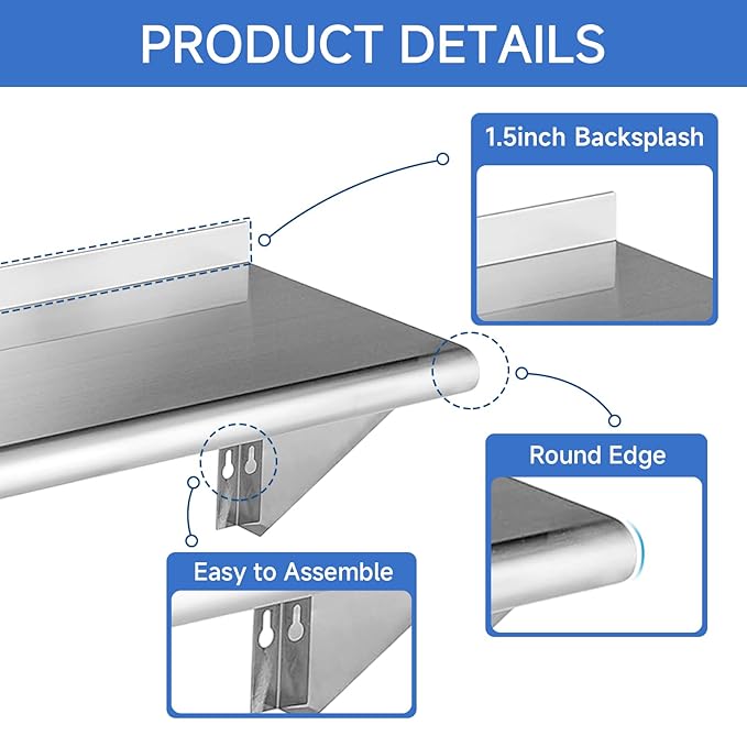 ROCKPOINT Stainless Steel Shelf 18 x 48 Inches 400lb, NSF Metal Commercial Shelves Wall Mount Floating Shelving with Backsplash for Restaurant, Kitchen, Home and Hotel, Silver