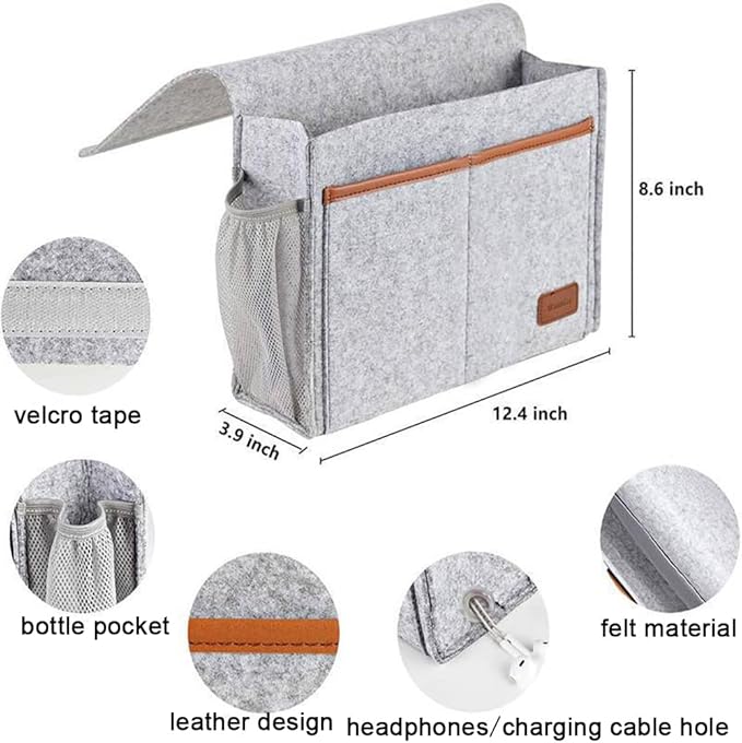 Bedside Caddy,Felt Bedside Storage Organizer, Hanging Storage for Dorm Bed Sofa for tablet Magazine Phone Remotes and Water Bottle Holder (Light Grey)