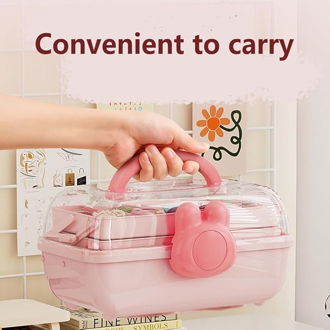 Cute Hair Accessories Organizer 3-Layers Kids Jewelry Storage Box Plastic Hair Accessories holder for Girls (Pink-Rabbit)