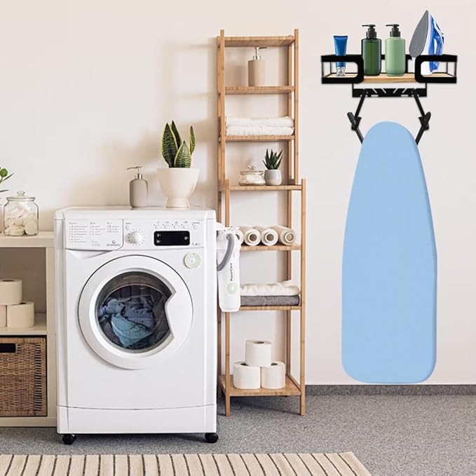 Ironing Board Holder Wall Mount, Metal Ironing Board Hanger with Shelf, T&V Shaped Space Saving Iron Holder for Laundry Room Accessories Organization