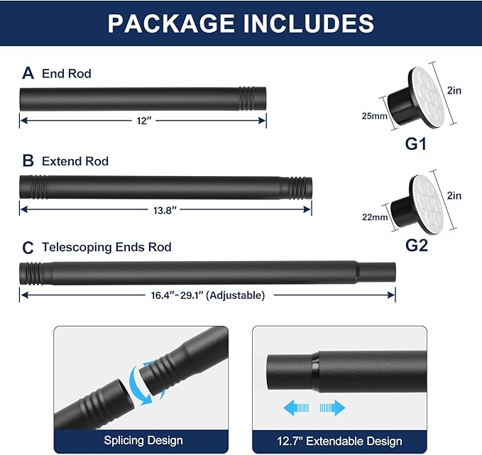 No Drilling Closet Rod, 27.5-82 Inches Hanging Closet Rod for Clothes, Closet Bar & Pole Heavy-duty, Closet Rods for Hanging Clothes For Closet Wardrobes Bathroom Laundry RV Curtains,Black