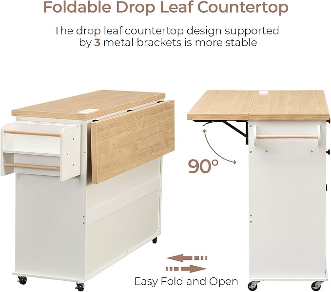 60.2" Kitchen Islands with Storage, Kitchen Island Cart with Trash Can Storage Cabinet, Rolling Kitchen Island Table with Drop Leaf & Power Outlet & Spice Rack & Towel Rack & Knife Holder, White