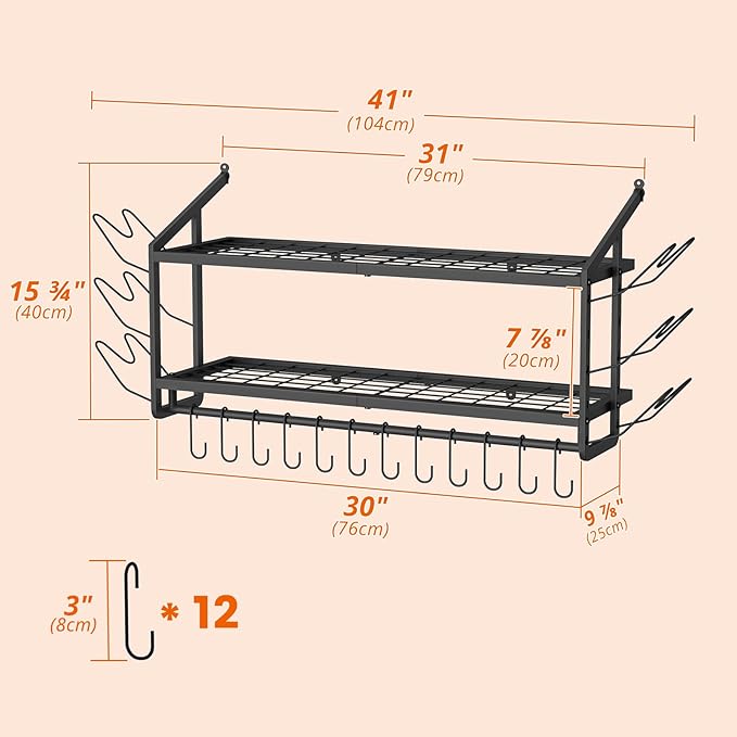 VOPEAK 30" Pot Rack Wall Mounted with 6 Detachable Pot Lid Holders,12 Adjustable S Hooks for Hanging Pans,2 Tier Black Heavy Duty Metal Shelves for pots and pans Organizer,200lbs Capcity,Space Saving