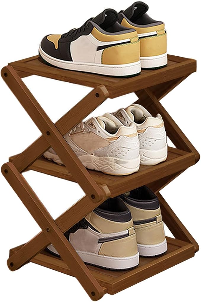 YYW Flat Bamboo Shoe Rack for Entryway, Installation-Free and Folding Vertical Small Shoe Rack, Saves Space Narrow Shoe Racks for Doorway Closet