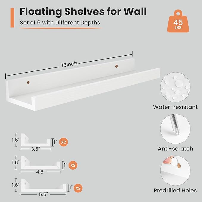 Fun Memories Picture Ledge Shelf, 16 Inch Long Floating Shelves Set of 6, Picture Shelf for Wall with Lip, Large Nursery Book Shelves for Storage, Wall Shelves for Living Room Bedroom Kitchen, White