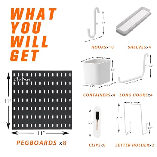 Pegboard Combination Kit, 8 Peg Boards and 30 Accessories Modular Hanging Black Pegboard for Wall, Office Organizer, Keys Holder, Nursery Storage, 44"x22"