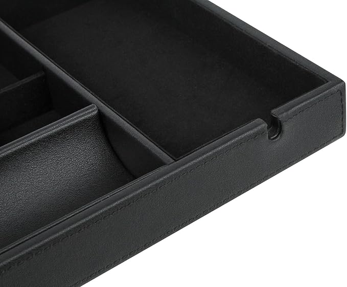 HofferRuffer Faux Leather Valet Tray for Gift, Nightstand Organizer Decorative Dresser Tray Box with Phone Charging Station, Storage Catchall for Men and Women (Black Organizer)