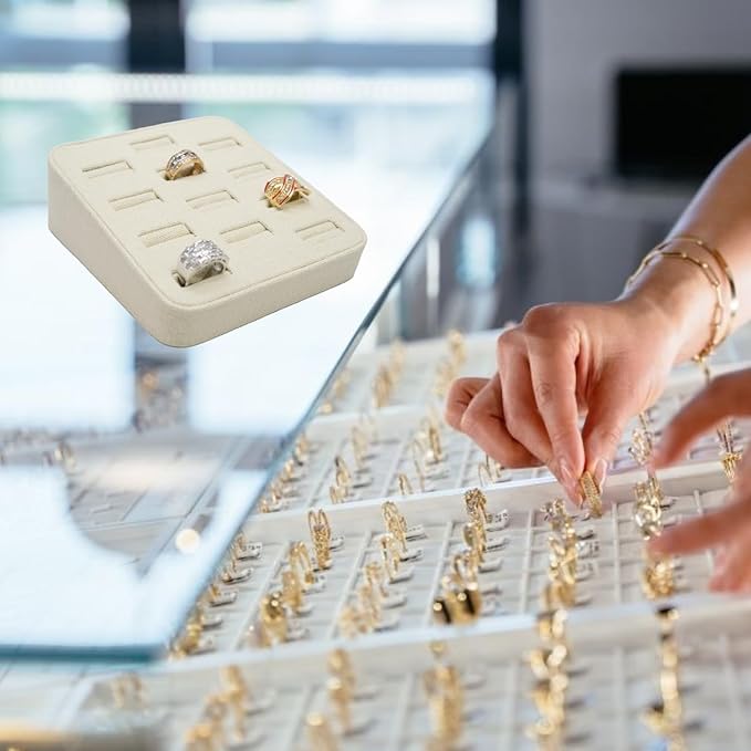 Novel Box 12-Slot Beige Linen Rings/Earrings/Cufflinks Holder Tray 5.75x5x2 Inches - Ring Holder Organizer for Selling or Personal Use - Jewelry Display Trays for Special Occasions