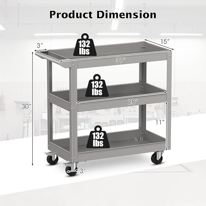 Goplus 3-Layer Service Utility Cart, Heavy Duty Unity Cart with Flat Handle, 2 Lockable Universal Wheel, 400 lbs Capacity, Rolling Tool Cart for Garage, Kitchen, Hotel, Office, Workshop Grey
