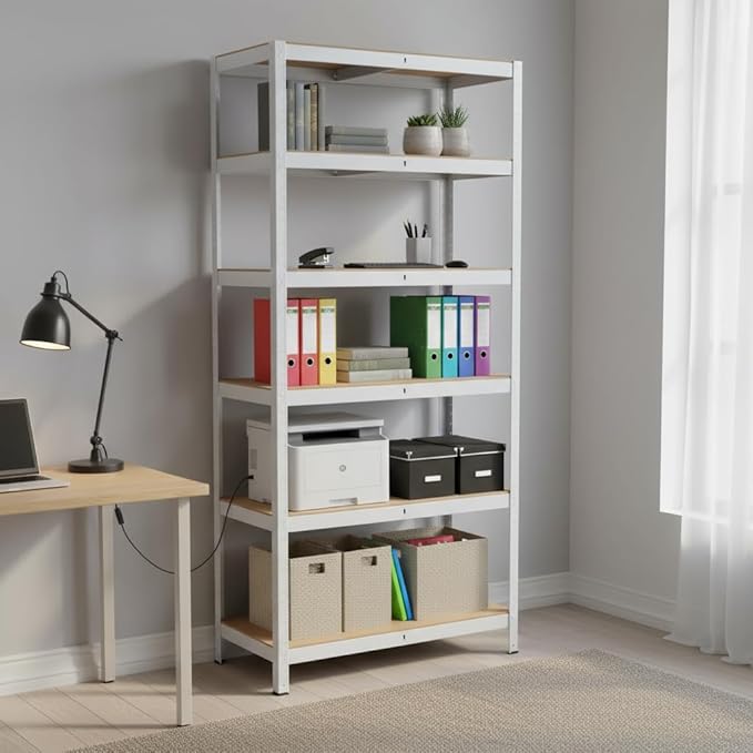 Weallux 5-Tier Metal Storage Shelf, White Steel Frame with Wood Shelves, 29.5 x 12 x 59 Inches, Adjustable Heavy Duty Utility Rack for Garage, Kitchen, Pantry