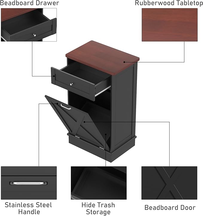 Betterhood Tilt Out Trash Cabinet 10 Gallon Wooden Free Standing Laundry Sorter Cabine,Recycling Cabine with Hideaway Drawer,Tilt Out Trash Cabinet Can Bin Kitchen (Black)