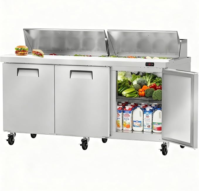 72" W Commercial Refrigerator Sandwich Salad Prep Table, Stainless Steel 3-Door Sandwich Prep Table Refrigerator, Counter Fan Cooling Refrigerator with 18 Pans for Restaurant, Bar