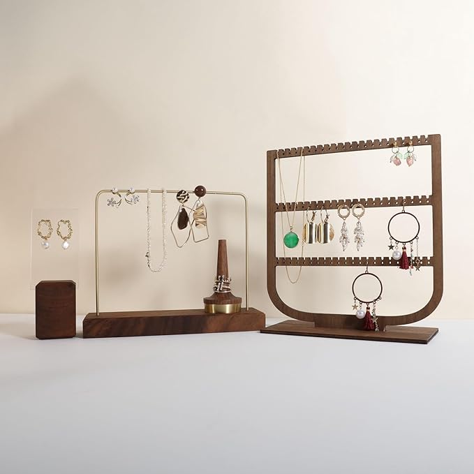 GemeShou wooden hanging jewelry organizer, walnut jewelry display holder for selling, dangle necklace storage shelf, 3 tier earring display stands for selling【Jewelry shelf-3 tier】