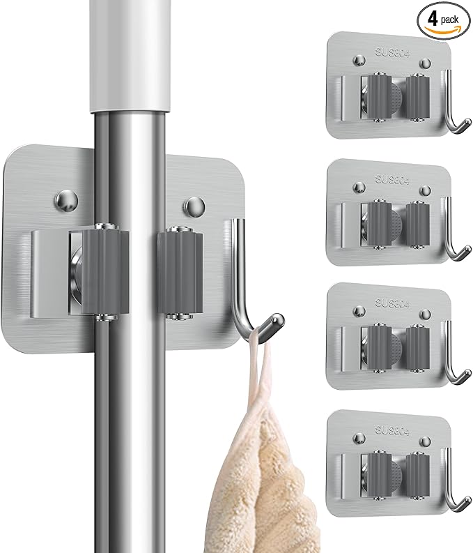 nacena Broom Holder Wall Mount, 4 Packs Silver Stainless Steel Mop and Broom Hanger with Hooks Heavy Duty Broom and Mop Organizer Wall Hanging for Bathroom