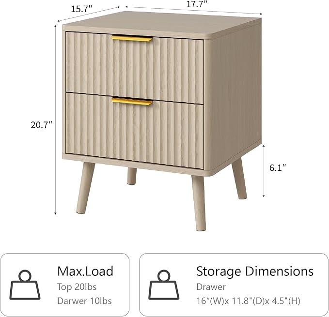 CARPETNAL Fluted Nightstand, Beige Bedside Table with 2 Drawers and Gold Handles, Wood End Table Mid Century Night Stands for Bedroom Living Room