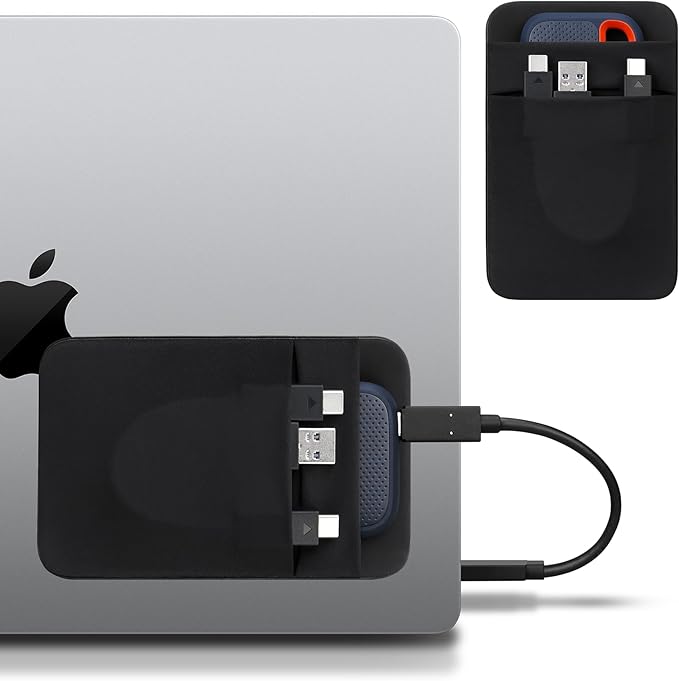 Lacdo Portable Hard Drive Sleeve for Laptop, 2-Pocket Stick on Pouch with Reusable Adhesive, for San Disk, Samsung, Crucial, Portable External Solid State Drive SSD Hard Drive Carrying Case, Black