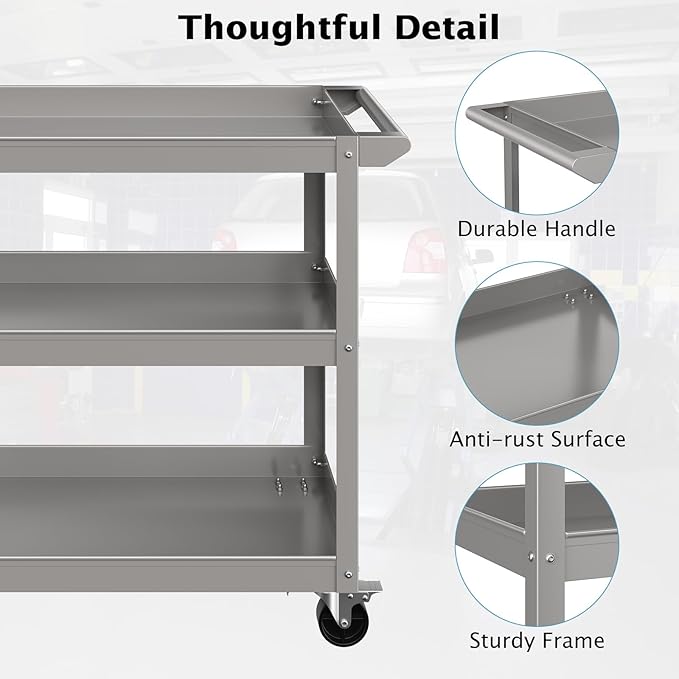 Goplus 3-Layer Service Utility Cart, Heavy Duty Unity Cart with Flat Handle, 2 Lockable Universal Wheel, 400 lbs Capacity, Rolling Tool Cart for Garage, Kitchen, Hotel, Office, Workshop Grey