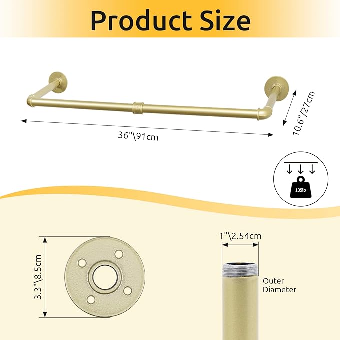 36 inch Gold Industrial Pipe Clothes Rack,Pipe Garment Rack Hanging Rod Bar for Closet Storage,Laundry Room Up to Max Load 135lbs