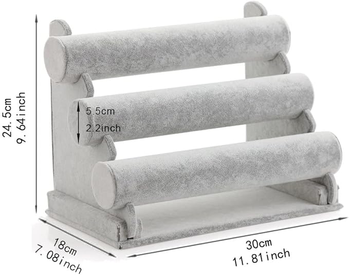 Wudygirl Triple Bracelet Holder Velvet Jewelry Display Stand Watch Bangle Bar Necklace Storage Organizer Gray (Ice Velvet 3 Tier)