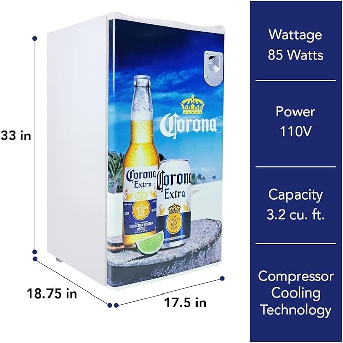 Corona Compact Fridge with Bottle Opener, 90 L/ 95 Quart 3.2 Cubic Foot for Snacks, Beverages, Juice, Beer, Den, Dorm, Office, Games Room, or RV