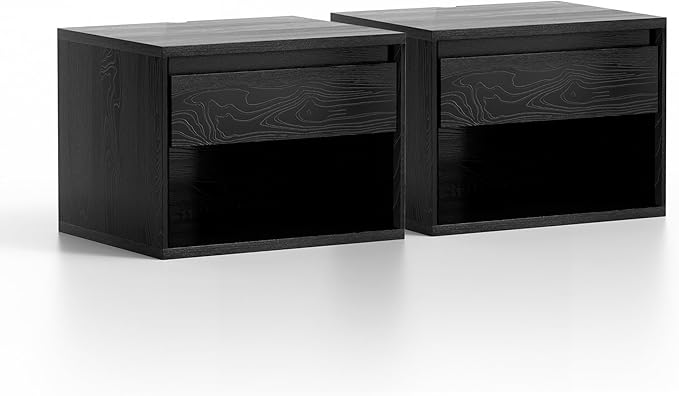 Mid Century Modern Floating Nightstand Set of 2, Wall Mounted End Table with Drawer and Open Compartment Wooden Bedside Night Stand Small Storage Cabinet for Bedroom, Black