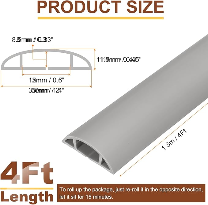 HARFINGTON 4ft Cord Cover Floor W0.6 x H0.33 Inner Channel PVC Hide Extension Cable Floor Wire Hider Wire Covers Protector for Prevent Cable Trips Cables Management, Grey