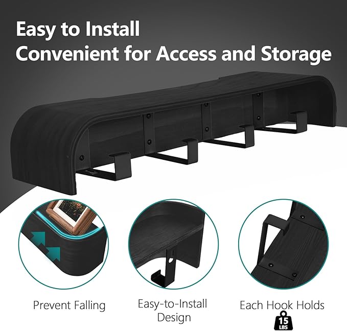 Coat Rack Wall Mount with Hidden Hooks Modern Key Holder Wood Entryway Hook with Shelf for Bedroom Kitchen Hallway Bathroom Designed for Hanging Coats Hats Bags Towels Dog Leashe(Black,4 Hooks)