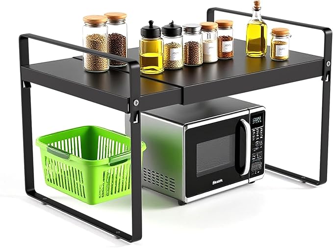 Expandable Cabinet Shelf Organizer 14-25 Inch Adjustable Length, 11" Wide 2-Tier (8" Bottom Layer) Metal Storage Rack for Kitchen Pantry, Under Sink Countertop - Heavy Duty Black(1 Pack)