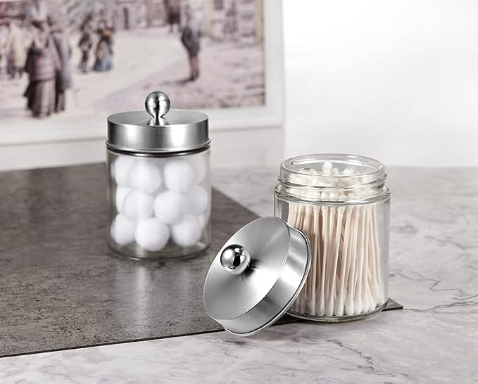 Amolliar 6Pc Apothecary Jars Bathroom Vanity Organizer- Rustic Farmhouse Decor Storage Canister&Stainless Steel Lids- Qtip Dispenser for Q-Tips,Cotton Swabs,Rounds,Ball,Flossers (Brushed Nickel)