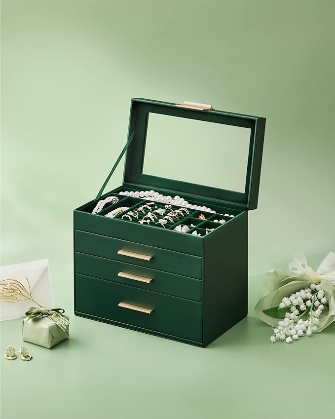SONGMICS Jewelry Box Organizer with Glass Lid, 4-Layer Jewelry Storage, with 3 Drawers, Modern Style, Christmas Gift, 6 x 9.9 x 8.5 Inches, Forest Green and Gold Color UJBC161G01