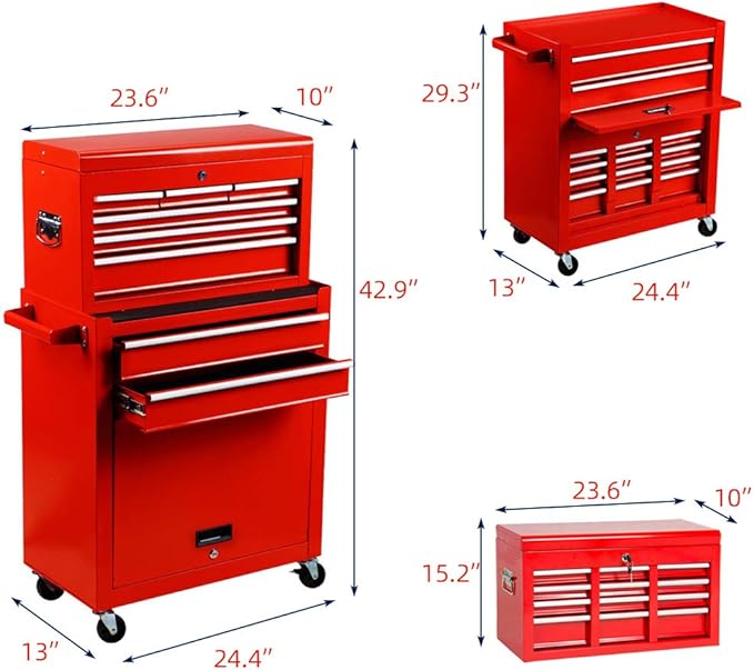 8-Drawer High Capacity Rolling Tool Chest, Removable Cabinet Storage Tool Box with Wheels and Drawers, Detachable Toolbox with Lock for Workshop Mechanics Garage