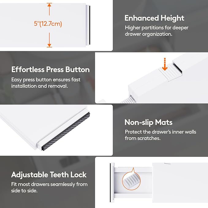 Lifewit 5 Pack 5" High Drawer Divider, 13.5-22" Expandable Deep Drawer Dividers for Clothes, Adjustable Dresser Drawer Organizers, Clothing Drawer Separators for Dresser, Kitchen, Bedroom, White