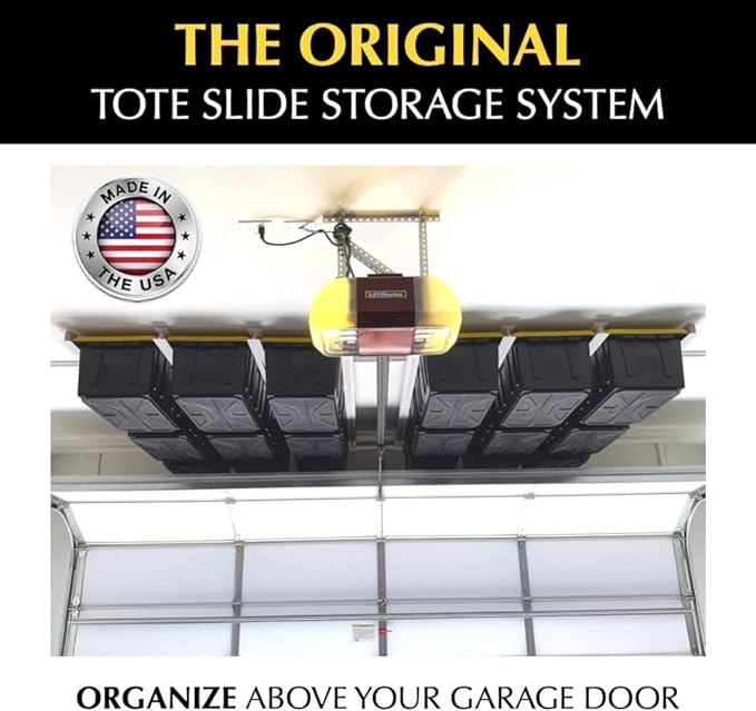 E-Z Garage Storage Tote Slide PRO – Made in USA | Heavy-Duty Alloy Steel Overhead Rack – Organize Up to 15 Storage Tote Bins on Garage Ceiling – 88” x 80” x 3.5”, White – Space-Saving Design