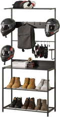 Motorcycle & Sports Helmet Rack & Gear Organizer – Fits 7 Helmets, Jackets, Boots & Gloves – Heavy-Duty Steel + Wood Storage Shelf for Home or Garage
