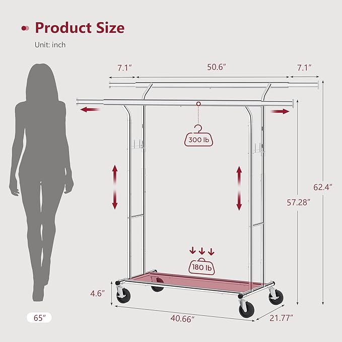 Tajsoon Double Rod Clothes Rack 480 LBS, Heavy Duty Clothing Rack with Wheels, Collapsible Clothes Rack for Hanging Clothes, Commercial Rolling Garment Rack with Shelf, Chrome