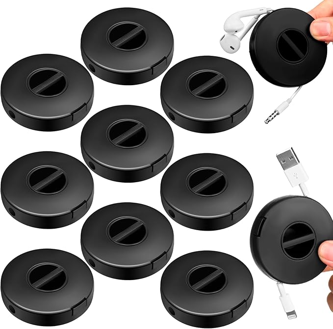 9 Pcs Charging Cord Organizer Black Portable Charger Cord Holder Round Storage Cable Winder Retractable Cable Management Flexible USB Reel for Home Office Classroom Wire Charger2.48 * 0.67in