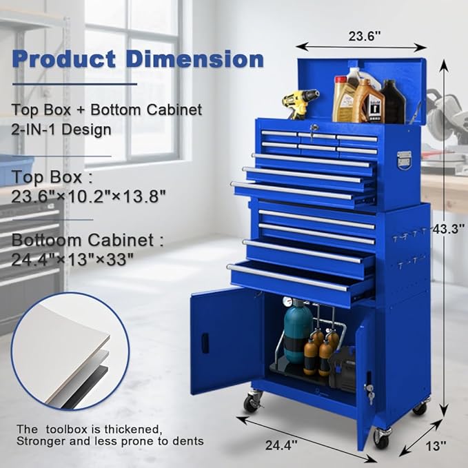 Tool Chest 13-Drawer with Double Door Handle,2 in 1 Detachable Rolling Tool Chests with Wheels and Drawers,Large Tool Box with Lock for Warehouse,Garage (Blue)