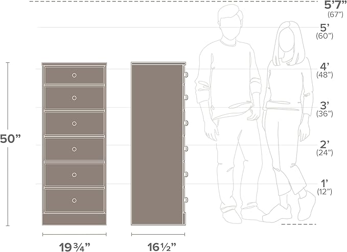 Prepac Astrid Tall White Dresser: 16.5"D x 19.75"W x 50"H, 6-Drawer Chest for Bedroom by Prepac - Perfect Chest of Drawers for Ample Storage
