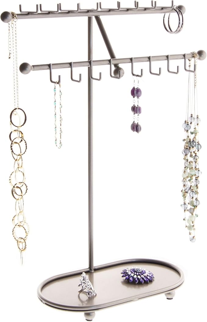 Angelynn's Sturdy Extra Long Necklace Holder Organizer Tall Tabletop Pendant Display Stand, Freestanding Large Capacity Jewelry Tree, Sharisa Satin Nickel Silver 11 3/4" Wide x 16 1/2" Tall