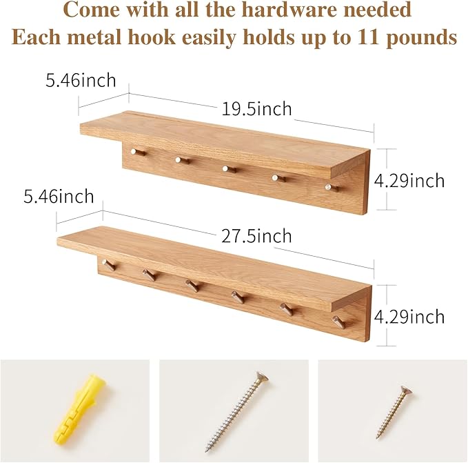 Oak Wood Coat Rack Wall Mount With Shelf 27.5 Inch Long, Entryway Floating Shelf With 6 Hooks for Bathroom, Hallway, Living Room