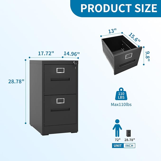 2 Drawer File Cabinets with Lock, Black Vertical Filing Cabinet for Home Office, Heavy Duty Metal Storage Cabinets Office Steel Cabinet for Letter Legal Size Files, Assembly Required